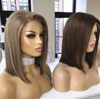 Peluca de Cabello Humano Corto Bob Ombre Rubio Ceniza Marrón, Peluca Completa de Encaje Pre-Arrancada con Línea de Cabello Natural, Pelucas de Encaje Transparente Sin Pegamento