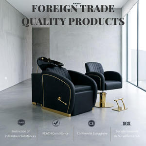 Sillón de Peluquería Hidráulico Ergonómico Reclinable Personalizable, Silla de Lavado de Cabeza de Lujo en Cuero PU Negro y Dorado, Moderno para Salón - Product Image 4