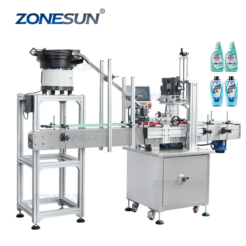 ZONESUN Nước Ép Nhựa Tự Động Mỹ Phẩm Phun Nắp Chai Screwing Capping Máy Với Rung Bowl Cap Sorter