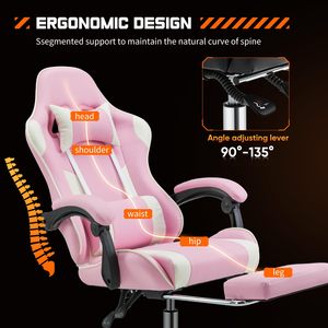 Silla de <span class=keywords><strong>Escritorio</strong></span> Ergonómica <span class=keywords><strong>para</strong></span> Videojuegos, con Soporte Lumbar y Reposapiés, Reclinable de Cuero Rosa con Reposacabezas <span class=keywords><strong>para</strong></span> Chicas y Mujeres - Product Image 3