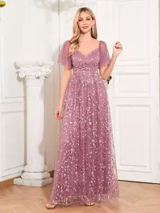 odoodem women's elegant tulle ruffle short sleeve see through evening dress v neck floral embroidery Aline swing maxi dresses