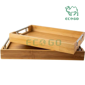 Juego de bandejas rectangulares de bambú con asa de metal, diseño moderno hecho a mano, acabado brillante para uso en la cocina y servicio de alimentos - Product Image 6