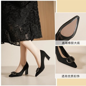 <b>Black</b> <b>Suede</b> <b>Pumps</b> Pointed Toe Block Heel Metal Buckle Office Shoes High Heel Breathable Women's Footwear - Product Image 5