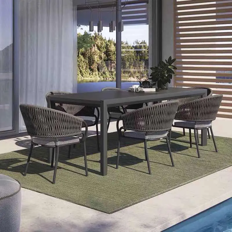 New products Good Metal White Patio Dining Table 6 Metal Chairs 1 Long Table for Garden