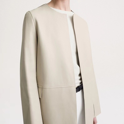 4256 New Design Knee Length Open Front Long Loose White Real Leather Coat Womens