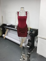 Robe mini femme rouge bordeaux à sequins brillants, col carré, sans manches, ourlet plissé, pour l'été, les soirées et le quotidien, modèle uni, Vestidos