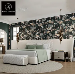 Muebles de lujo de alta gama para Villa, conjunto de cabecero grande de tela de terciopelo de lujo, cama King Size, muebles de dormitorio blancos, último diseño