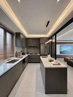 Ensemble d'armoires de cuisine modulaires modernes en acier inoxydable en forme de U avec panneaux en bois massif pour les projets d'appartements et de villas