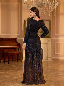 <span class=keywords><strong>Vestido</strong></span> de noche elegante de alta gama para mujer, con textura, cuello en V, manga larga estilo <span class=keywords><strong>princesa</strong></span>, ajustado, brillante, con lentejuelas, <span class=keywords><strong>corte</strong></span> en A, formal, largo. - Product Image 2