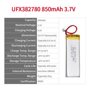 OEM/ODM 고내구성 UFX 382780 850mAh 3.7V 액체 LiNiMnCoO2 배터리 팩 500 사이클 공장 직접 중국에서 - Product Image 2