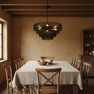 Lustre rustique bohème à 4 niveaux en corde de chanvre noire, 20 pouces, fait main, douilles E12, luminaire de plafond pour salle à manger - Product Image 2