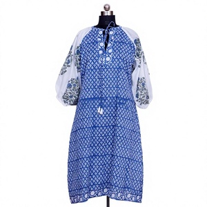 Vestido Midi Boho con Estampado Floral Azul, Mangas Abullonadas, Cuello con Lazos, Corte Holgado, Ropa Casual de Verano, 100% Algodón, Bordado a Mano - Product Image 1