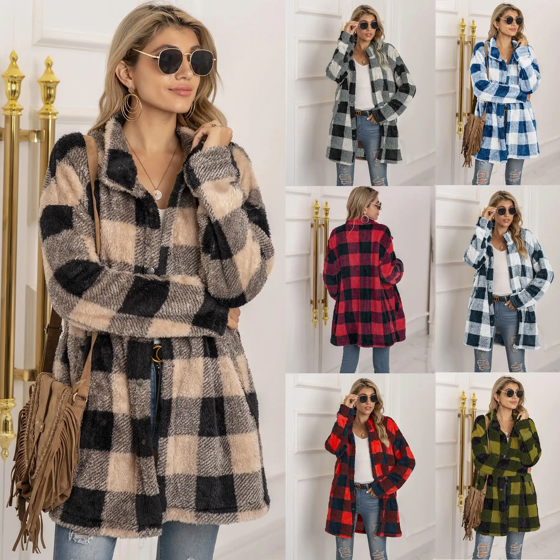 plus size wholesale winter plaid jackets clothes for women plush polyester long coats faux fur fall outfits coat fashion clothes
