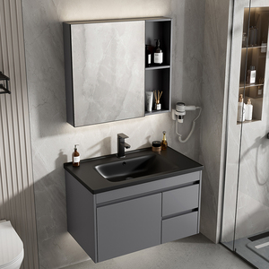 <span class=keywords><strong>Meuble</strong></span>-<span class=keywords><strong>lavabo</strong></span> mural pour projet hôtelier, en aluminium étanche, avec vasque noire, miroir LED rond et unité latérale - Product Image 3
