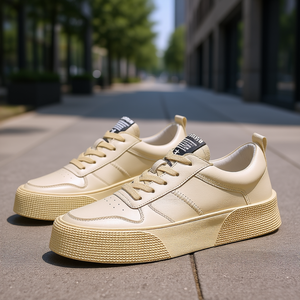 Korean Style Men's Casual Leather Shoes Round Toe Lace Up Thick Sole Fashion Trend All <b>Match</b> Walking Shoes Rubber Outsole - Product Image 2