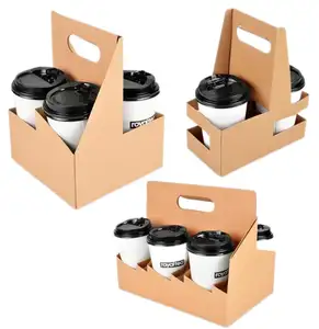 热卖带棕色纸盒，可放置2或4个杯架，带蝴蝶手柄，用于热咖啡