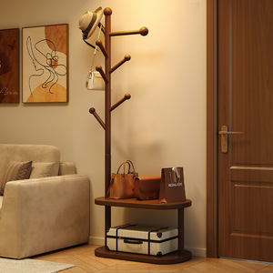 2025 New Style Solid Wood <b>Clothes</b> <b>Rack</b> for Bedroom, Floor Standing, Double Layer Oval Tray for <b>Clothes</b> and Bags - Product Image 1