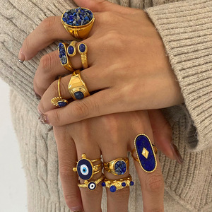 JZ001 Vintage Boho <b>Ring</b> | 18K Gold Plated Stainless Steel With Blue <b>Cat</b> Eye & Jade | Bridal & Everyday Jewelry - Product Image 1