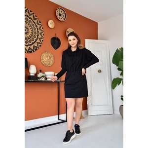 Vestido Sudadera con Capucha Negro, Cintura Elástica, Tejido Holgado y Transpirable, Ropa Casual - Product Image 3