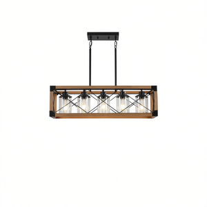 Lámpara colgante rectangular de hierro y nogal con 5 luces, 32 pulgadas, para decoración de comedor, cafetería, sin bombillas incluidas - Product Image 1