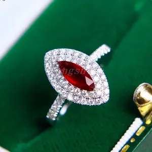 18k Gold White Color Side Stone Whit Egg Shape Ruby Diamond Luxury Marquise Style Ring
