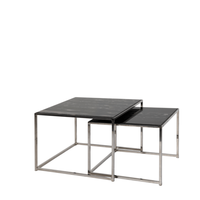 Ensemble de tables basses gigognes 2 pièces modernes et minimalistes, hauteur réglable, structure en acier inoxydable poli, plateau en verre trempé noir