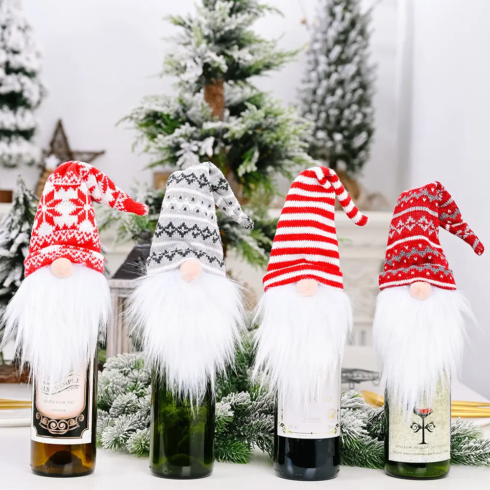 Christmas Navidad Decorative Knitted Hat Forest Old Man Wine Set Faceless Doll Wine Cap Wine Bottle Cover New Year Decor 2024