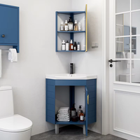 Meuble de salle de bain autoportant avec lavabo, armoire d'angle en aluminium bleu marine, poignée dorée, plateau en marbre, lavabo en céramique à encastrer sous le plan