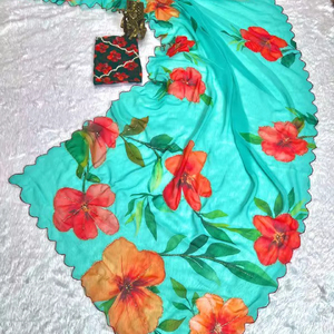 Tendance moderne Georgette travail manuel Saree lin matériel pour les fêtes mariages Diwali Proms - Product Image 1