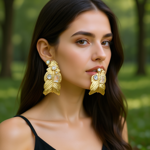 Fashion <b>Stud</b> <b>Earrings</b> Gold Plated 316L Stainless Steel Feather Design With Gemstones For Women - Product Image 3