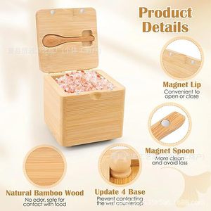 Bamboo <b>Spice</b> Storage Box With Spoon Flip Top Lid Airtight Solid Seasoning <b>Jar</b> For Salt Pepper Condiments - Product Image 3