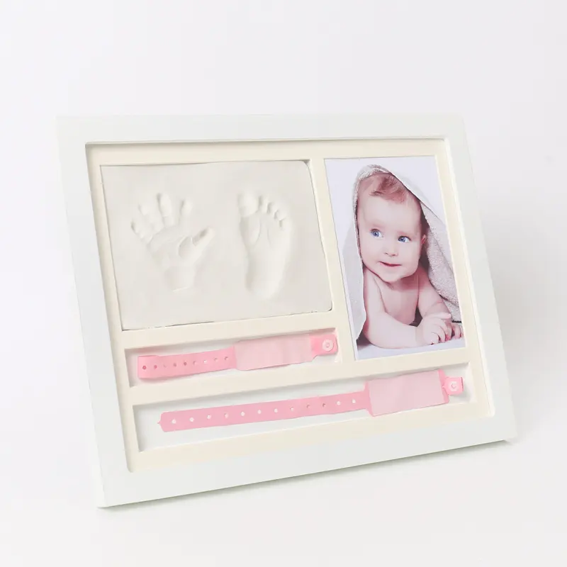 Newborn Hand And Foot Prints Clay Photo Frame Set Full Moon Souvenir Baby Wristband Solid Wood Photo Frame