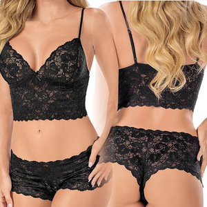 Conjunto de lencería sexy para mujer, conjunto de 3 piezas de encaje, sujetador, bragas y camisola transparente, ropa interior negra - Product Image 1