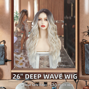 Perruques synthétiques frontales haut de gamme, 26 pouces, cheveux longs bouclés, Deep Wave, Body Wave, dentelle transparente, couleur or mélangé noir naturel - Product Image 2