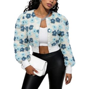 Blouson bomber court à imprimé floral pour femme, en polaire, style universitaire, boutonné, à manches bouffantes, vêtement d'extérieur - Product Image 1