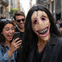 Masque intégral en latex femme souriante effrayante avec cheveux longs – Drôle et amusant pour Halloween, Pâques, cosplay, mascarade et fêtes à thème