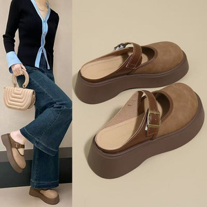 Femmes 2025 printemps rétro plate-forme paresseux demi-pantoufles en cuir véritable semelle épaisse Mule améliorant la hauteur Birkenstocks bout fermé - Product Image 6