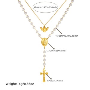 European American Style Oval Pearl <b>Rosary</b> <b>Necklace</b> With Angel Cross Stainless Steel Religious Jewelry Unisex - Product Image 4