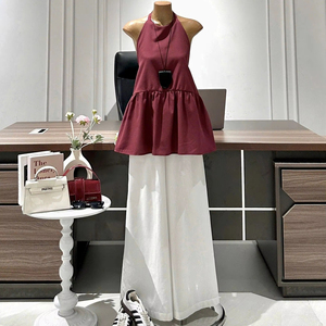 Conjunto de Pantalones y Top Halter con Peplum, Manga Larga, Dos Piezas, Mezcla de Algodón Sólido, Tejido, Corte Regular, Transpirable, Fácil de Usar - Product Image 1