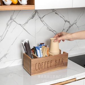 กล่องเก็บของไม้สำหรับร้านกาแฟ 18 ลิตร อเนกประสงค์ สำหรับจัดระเบียบบนโต๊ะ ใส่ฝาแก้ว หลอด ไม้คนกาแฟ และที่วางแก้วแบบใช้แล้วทิ้ง - Product Image 4