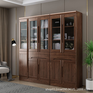 Jin Yan <b>Solid</b> <b>Wood</b> <b>Bookcase</b> Walnut Color Glass Door Storage Cabinet Floor Standing Bookshelf For Home Office Use - Product Image 2