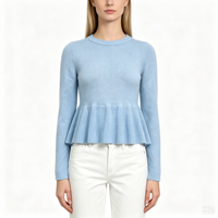 Pull-over décontracté à manches longues en maille fine bleue de haute qualité Evelyn Undefined Custom, avec volants, OEM & ODM, collection automne