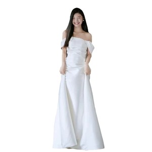 Off-The-Shoulder Satin Wedding Dress Natural Waist Sheath Silhouette White Bridal Gown Simple Zipper Back Reception Dress - Product Image 5