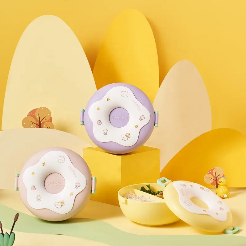Kawaii Donut Girls Lunch Bowls Cute Cartoon Plastic Microwaves Safe School Enfant Kids Lunch Box with Spoon Fork