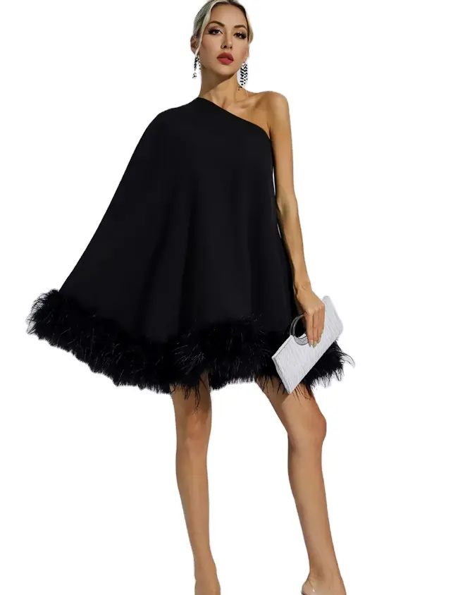 2023 Winter New Arrivals Trend Custom Black Women Long Sleeve One Shoulder Mini Dresses