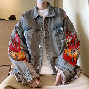 New Vintage Men's Washed Raw Edge Flame Embroidery Denim Jacket