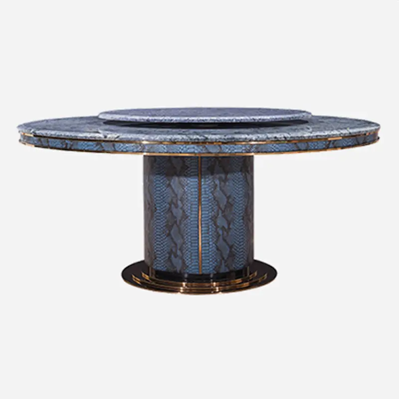 Mesa de jantar de luxo moderna, mesa de jantar de couro de crocodilo artificial redonda rotativa de mármore