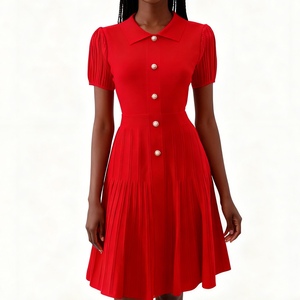 Vestidos de Punto de Manga Corta con Cuello Vintage Francés para Mujer, con un Solo Botón, a la Moda - Product Image 1