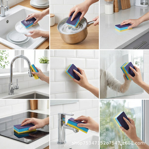 Éponge de nettoyage multifonctionnelle 3-en-1, tampon dégraissant rectangulaire pour cuisine avec éponge nano abrasive diamantée en coton de pâte de bois - Product Image 2