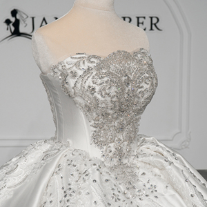GT26081-PZ Ivory Long Sleeve Sweetheart Neckline Crystal Beaded Ball Gown Floor-Length Wedding <b>Dress</b> Satin <b>Silver</b> Modern - Product Image 4